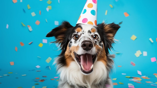Merle Australian Shepherd festa di compleanno cane allegro sfondo blu con confetti