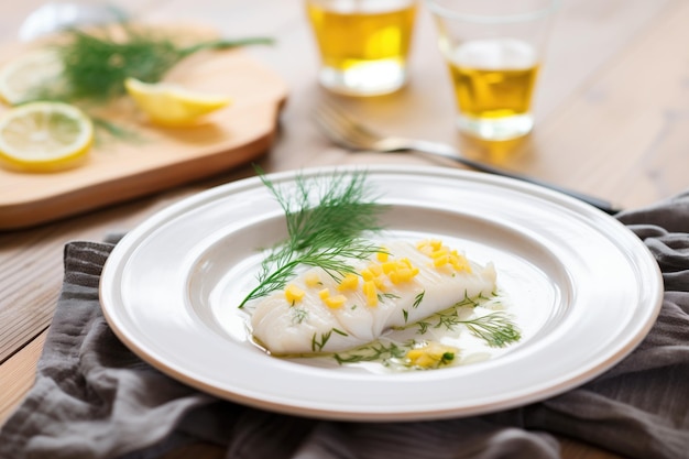 Merluzzo in un piatto rustico con limone e aneto