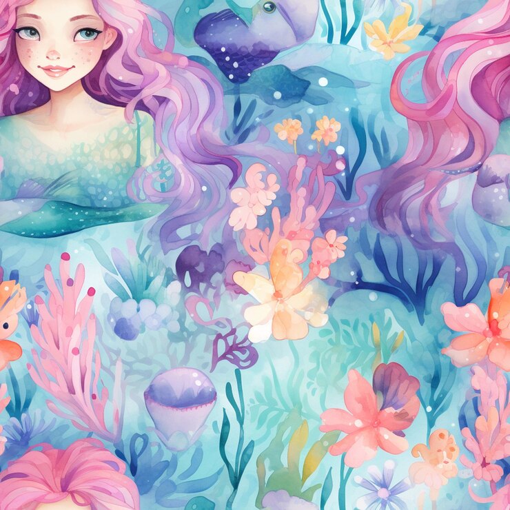 mermaids and fish in the water with a girl in a green dress generative ai