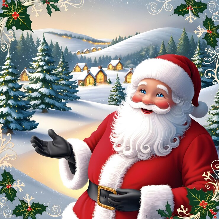 Merry Christmas font with Santa Claus in Christmas theme on white