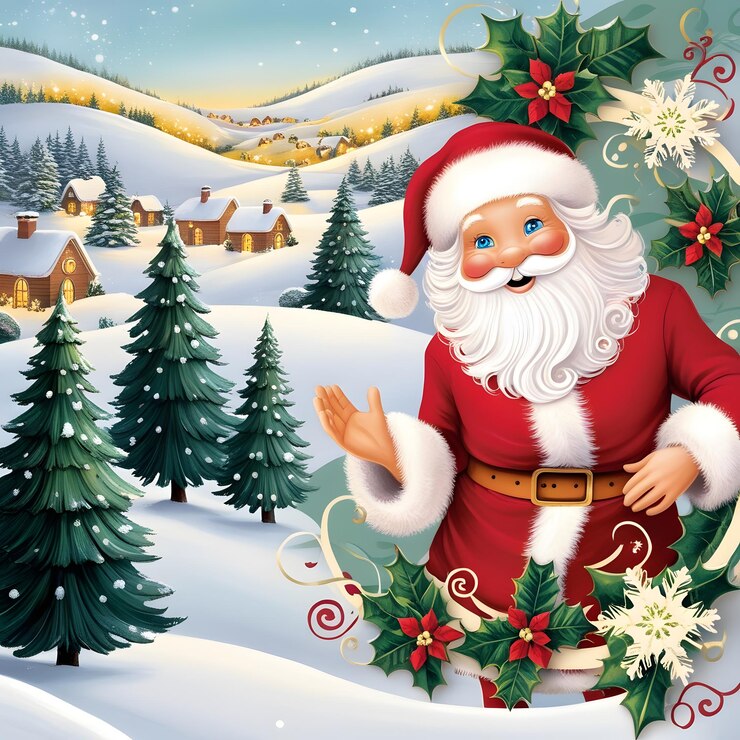 Merry Christmas font with Santa Claus in Christmas theme on white