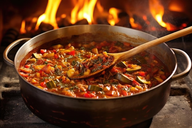 Mescolando la ratatouille in padella con il fuoco del cucchiaio di legno scoppiettante creato con ai generativo