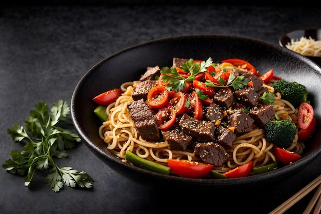 mescolare le tagliatelle fritte con carne e verdure