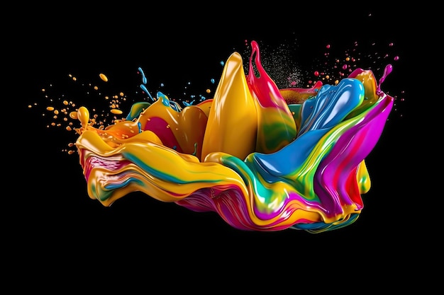 Mescolare liquido arcobaleno spruzzi olio o inchiostro spruzzi elementi di progettazione di movimento dinamico per la pubblicità isolati su sfondo nero vernice a olio generativo ai