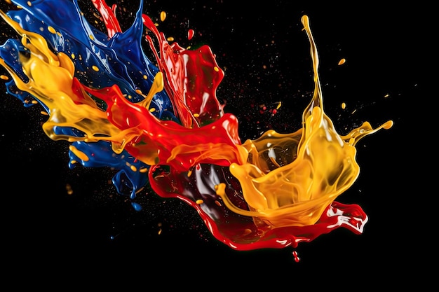 Mescolare liquido rosso giallo blu spruzzando olio o inchiostro spruzzando elementi di design di movimento dinamico per la pubblicità isolati su sfondo nero vernice a olio generativa ai