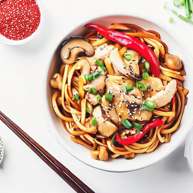 Mescolare tagliatelle fritte con pollo paprika rosso funghi cipolle e semi di sesamo in una ciotola piatto di cucina asiatica tavola bianca sfondo vista superiore