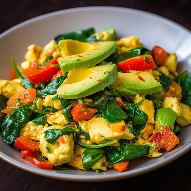 Mescolare uova fritte con spinaci, peperoncino, pomodoro e avocado