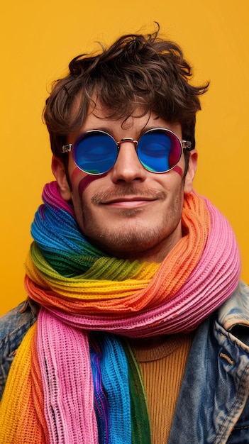 Mese dell'orgoglio un gay che indossa occhiali con vestiti di colore LGBTQ