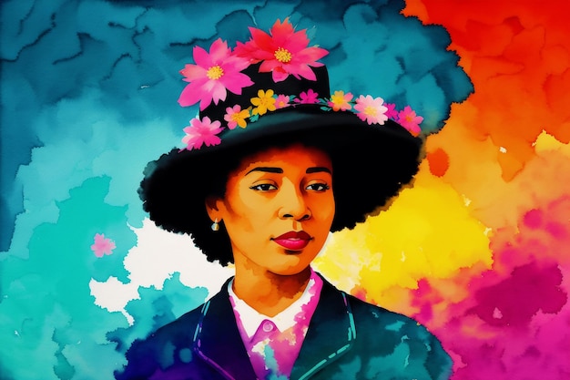 Mese della storia nera Un'illustrazione di una giovane donna nera Silhouette Pittura ad acquerello Generati