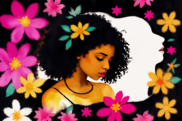 Mese della storia nera Un'illustrazione di una giovane donna nera Silhouette Pittura ad acquerello Generati