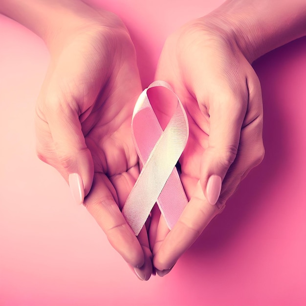 Mese di consapevolezza del cancro al seno Nastro rosa in mano