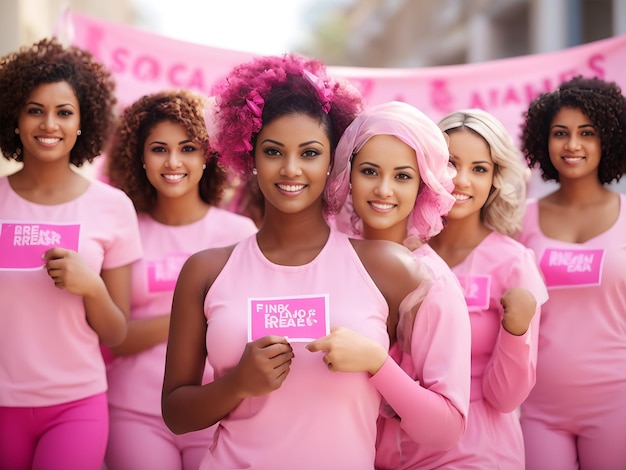 Mese internazionale di sensibilizzazione al cancro al seno Giovane donna con uno striscione sul cancro al seno di AIGenerated