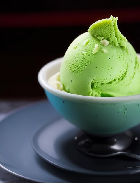 messa a fuoco di alto angolo gelato verde sul piatto su un confortevole sfondo sfocato notturno