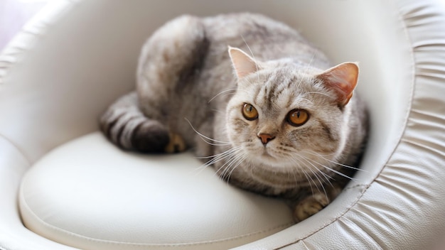 Messa a fuoco selettiva Gatto britannico shorthair sulla sedia vista il suo primo piano degli occhi