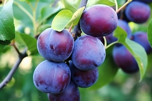 Messa a fuoco selettiva sulle prugne BluePurple mature nel giardino delle prugne