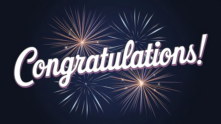 Messaggio di congratulazioni in stile 3D con celebrazione di fuochi d'artificio