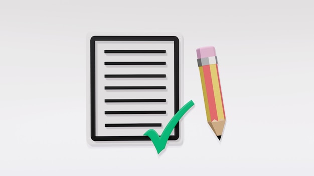 Messaggio di linea nera su carta con segno di spunta verde e matita isolati su sfondo bianco, attività completata, superamento di esami, concetto di indagine positiva, compilazione di questionari, illustrazione di rendering 3d