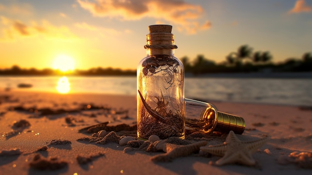 Messaggio in bottiglia sulla spiaggia al tramonto Immagine concettuale