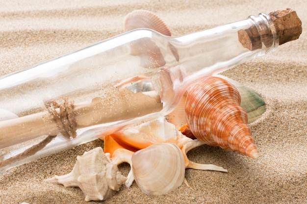 Messaggio in bottiglia sulla spiaggia.