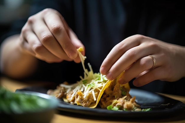 Messicano che prepara tacos in un ristorante su sfondo nero