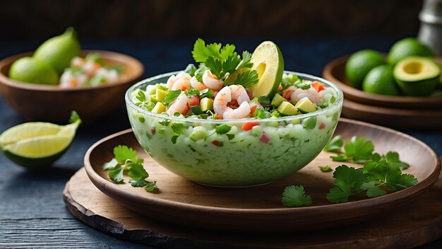 Messico con una vivida raffigurazione di Ceviche Verde su un tavolo di legno scuro una vivace esposizione di mare fresco