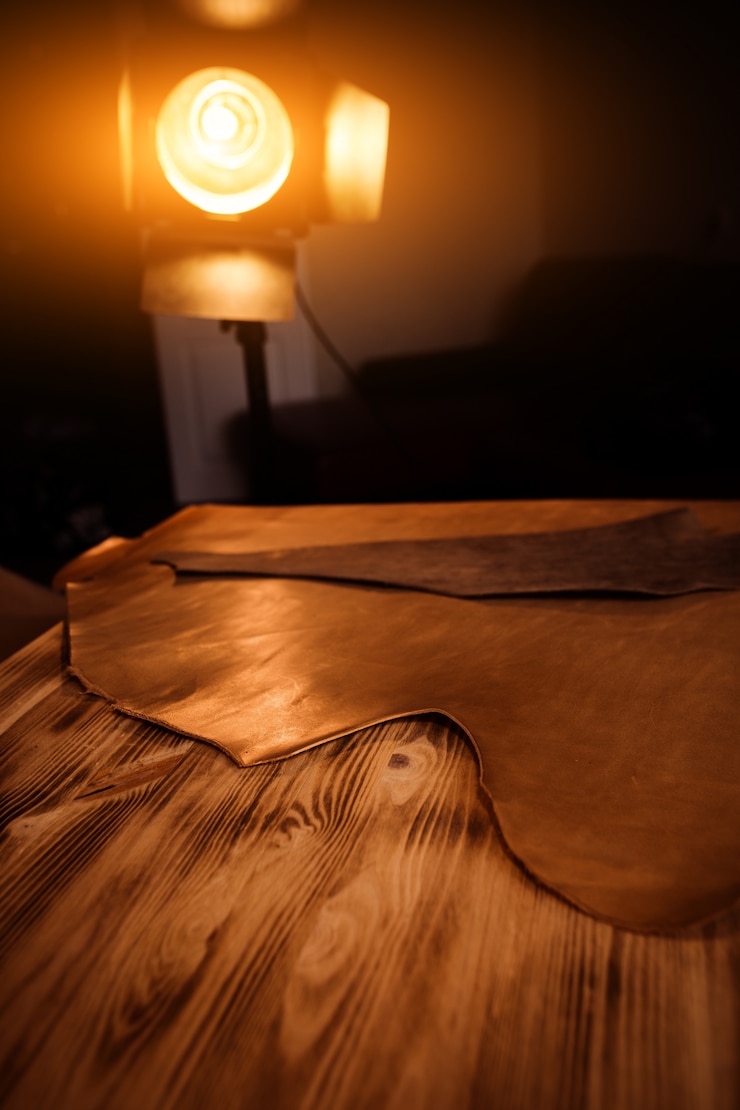 Mestiere di cuoio su fondo in legno. Laboratorio di Tanner.