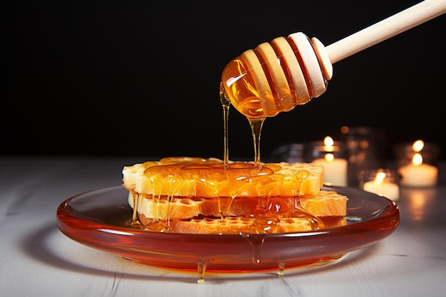Mestolo di miele in mano per estrarre l'oro della natura per un delizioso pasto mattutino