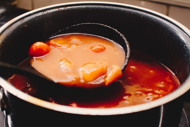 Mestolo raccolta salsa di pomodoro in padella