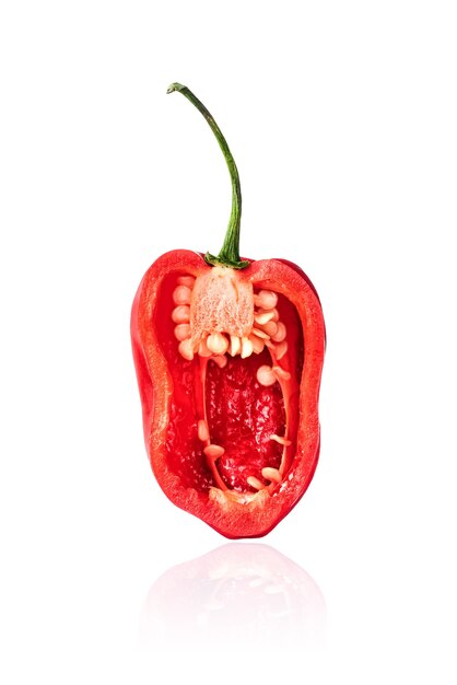 Metà del peperone rosso Habanero, fetta, isolato su sfondo bianco con ombra.