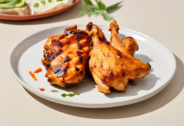 Metà di appetitoso pollo grigliato e succoso con crosta marrone dorato servito al barbecue