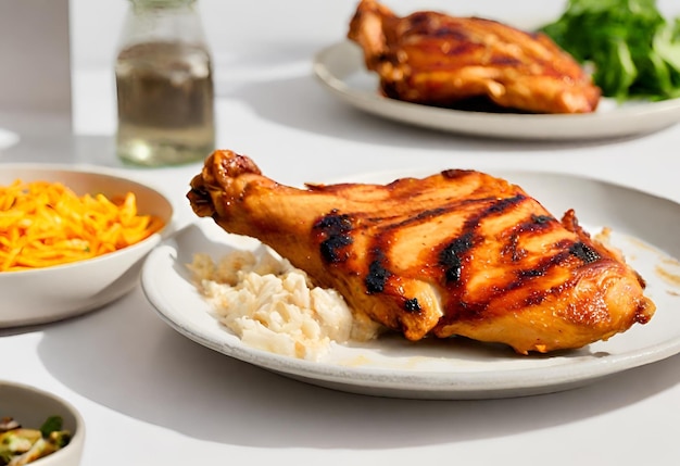 Metà di appetitoso pollo grigliato e succoso con crosta marrone dorato servito al barbecue