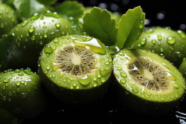 Metà di frutta di kiwi fresca con gocce d'acqua su una superficie scura