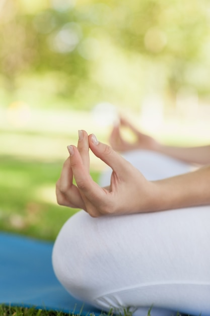 Metà di sezione della giovane donna che meditating seduta su un materassino