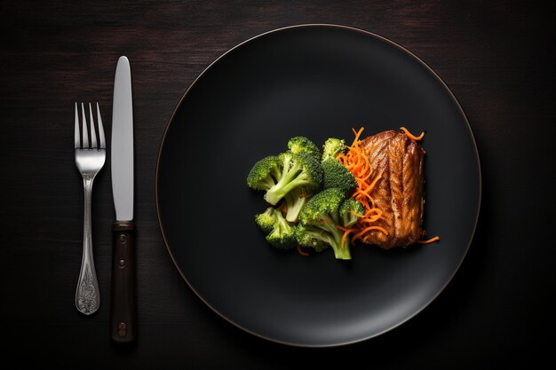 Metà shot di un pasto sano con broccoli e carote su un piatto nero e spezie su una tavola grigia
