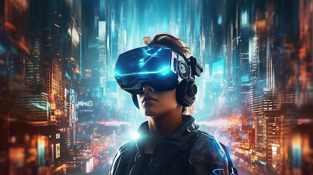 Metaverse digitale mondo cibernetico tecnologia uomo con realtà virtuale VR occhiali AI carta da parati futuro ab
