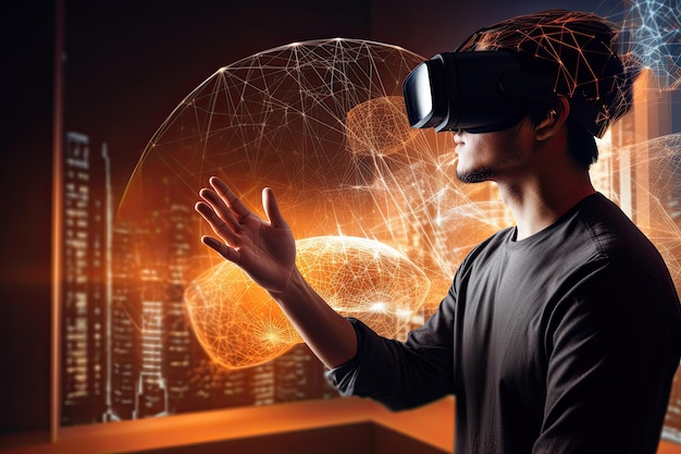 Metaverse Social networking online VR AR tecnologia auricolare occhiali concetto di casco IA generativa