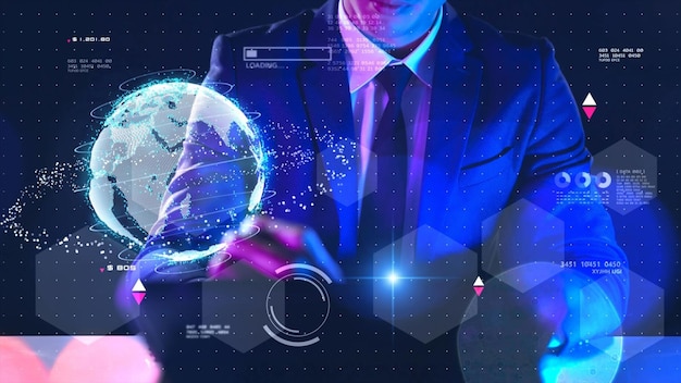 Metaverse tecnologia di realtà virtuale uomo d'affari e dati finanziari aziendali che lavorano online comunicando con il computer nella tecnologia digitale di realtà mista dell'ufficio virtuale