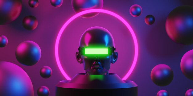 Metaverse vr realtà virtuale con giochi in rete di simulazione cyberpunk sfondo del giocatore 3d rendering illustrazione scifi ai robot technology