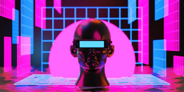 Metaverse vr realtà virtuale con giochi in rete di simulazione cyberpunk sfondo del giocatore 3d rendering illustrazione scifi ai robot technology