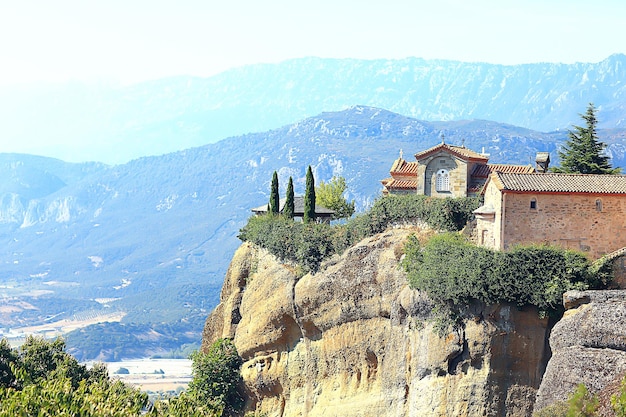 Meteora grecia monastero paesaggio, monastero ortodosso in montagna, cristianesimo, fede view