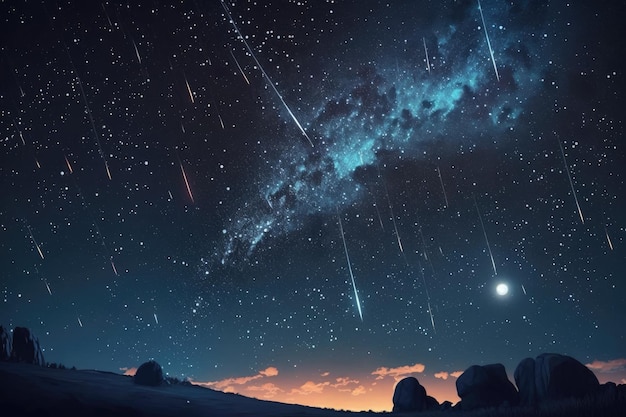 Meteore nel cielo notturno con stelle Bellissime stelle cadenti Meteoriti che cadono