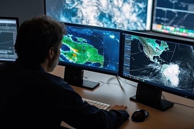 Meteorologo che monitora le previsioni del tempo sullo schermo del monitor IA generativa