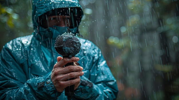 Meteorologo con un microfono che riferisce sullo sfondo