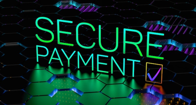 Metodo di pagamento sicuro concetto al neon con sfondo sfocato Trasferimento di fondi sicuro Concetto di protezione del denaro Illustrazione di rendering 3D