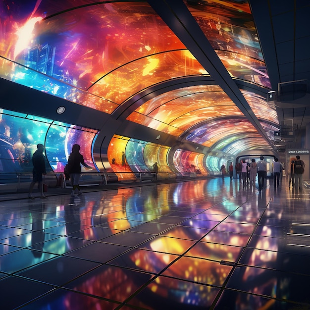 Metro cyberpunk con contorni retroilluminati in neon Stile d'onda retro Treno passeggeri espresso ad alta velocità futuristico Logistica delle tecnologie moderne Arte concettuale Pittura digitale