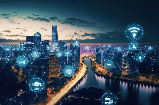 Metropoli futuristica con reti wireless e connessioni internet reti di città intelligenti generative ai