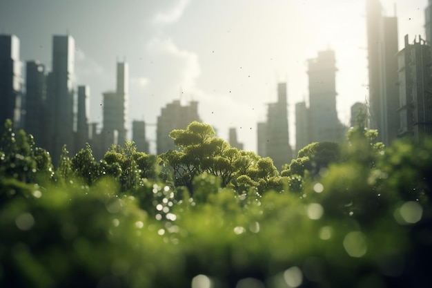 Metropoli verde della futura città Hightech con vegetazione lussureggiante e cieli sereni