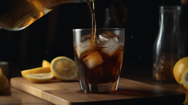 Mettere le bevande a base di cola in un bicchiere IA generativa un bicchiere di bibite alla limonata