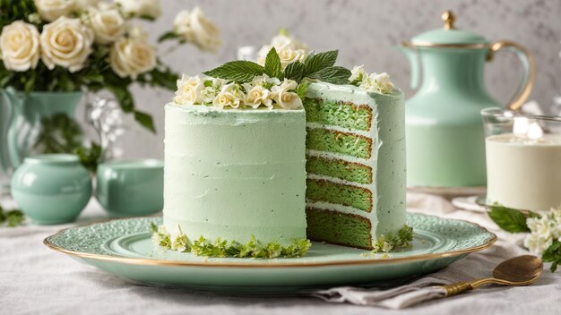 Mettete in risalto l'eleganza della torta di crema verde presentandola di nuovo su un piatto delicato e ornato