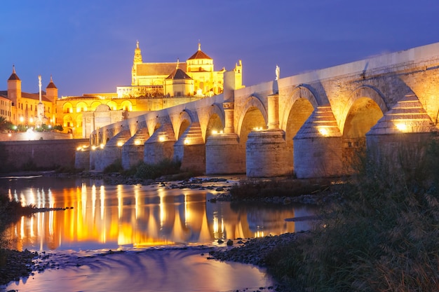 Mezquita di notte e ponte romano a Cordova, Spagna